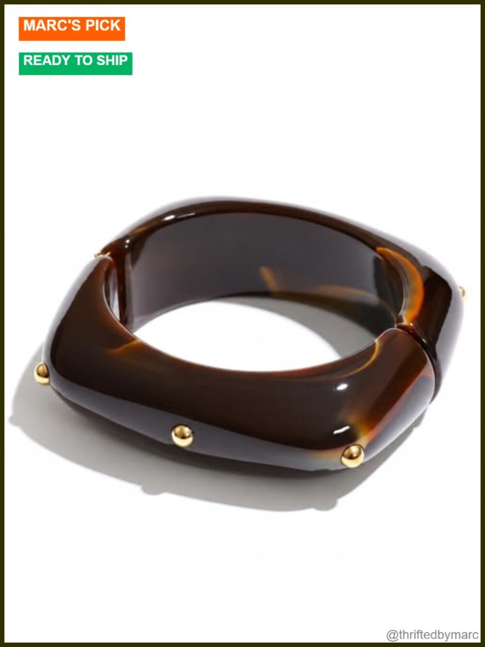Chunky Square Acrylic Bangle Hinged Bracelet Gold Plated Stud Accent
